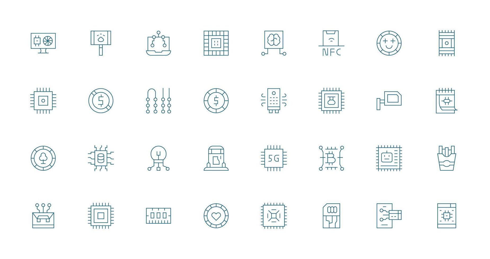 Chip Icon Set with 32 Thin Line Graphics vector