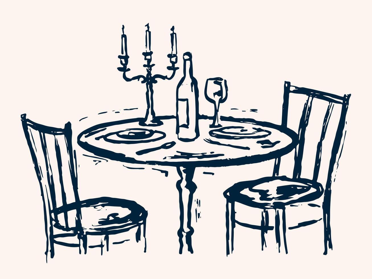 Hand-drawn illustration in analog traces style showing a dinner table with chairs, wine, plates, table setting, and a candle holder with sketchy textures for a cozy, elegant dinner vector