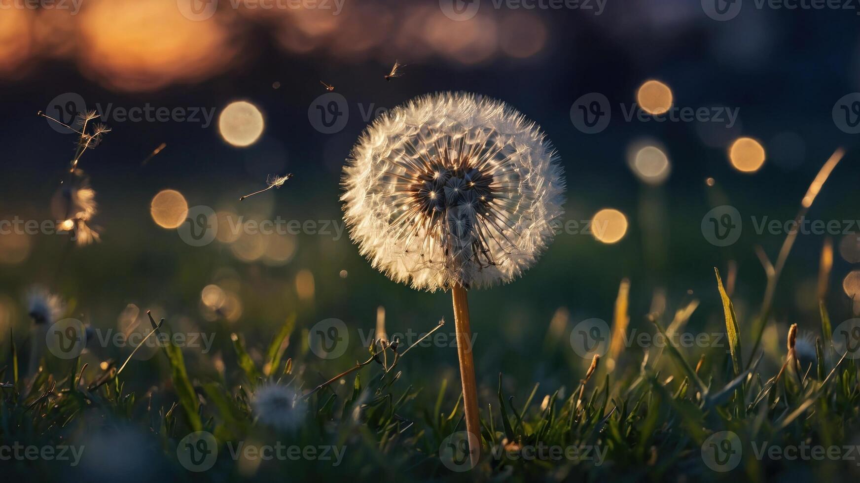 Dandelion seed head illuminated by sunset, surrounded by soft bokeh and grass in a serene field photo