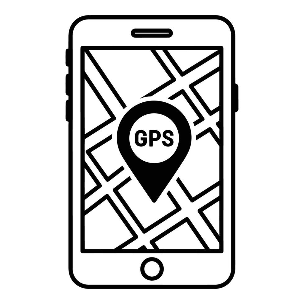Black and white icon of smartphone displaying G P S map with location pin mobile vector