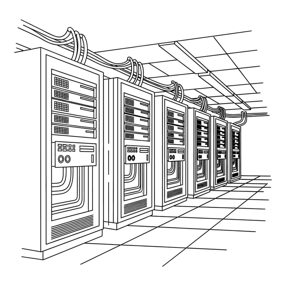 Server room with rows of computer racks and cables overhead computers vector