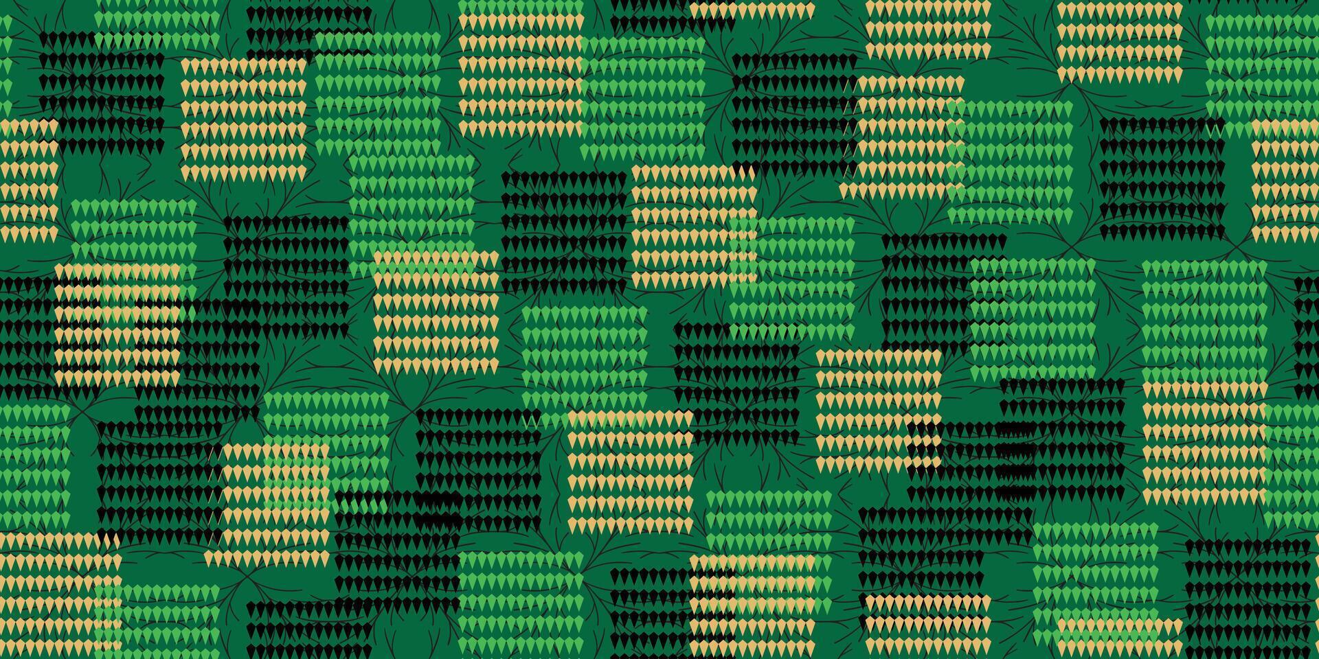 Seamless abstract pattern in rich green, black, and beige. Features unique organic shapes forming textured blocks, interwoven with delicate dark lines. Ideal for natural backgrounds, modern textile. vector