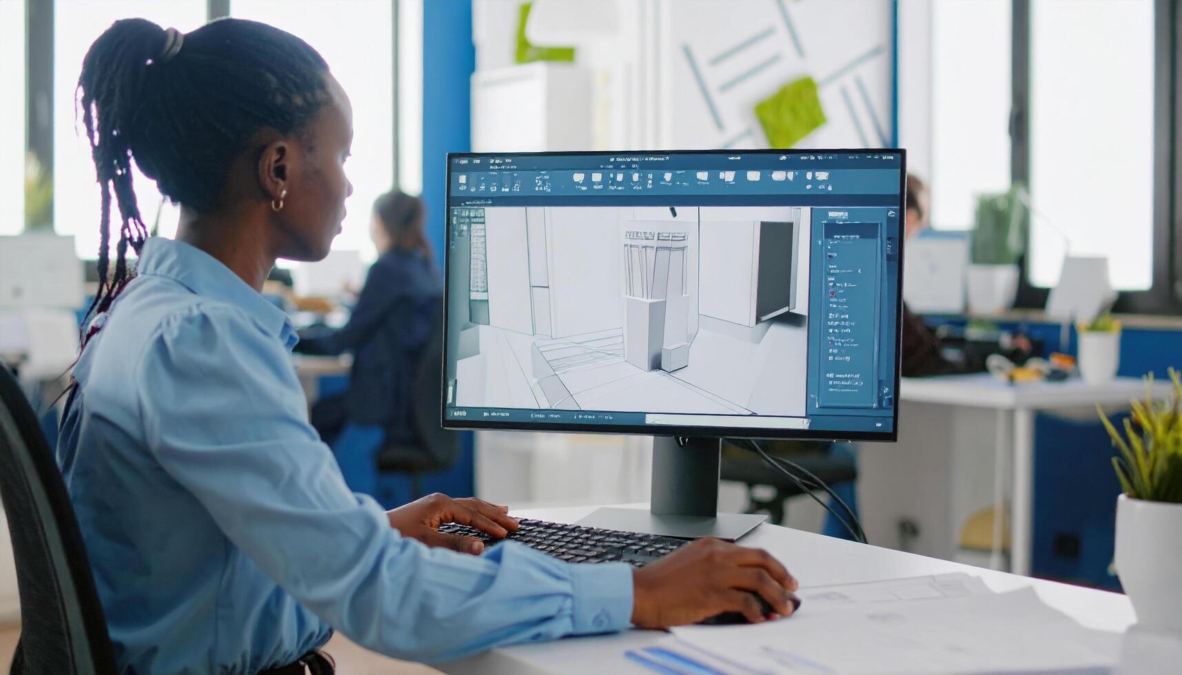 Focused engineer navigates digital landscape of computer screen, showcasing high fidelity design work in modern office environment. atmosphere is collaborative and innovative photo