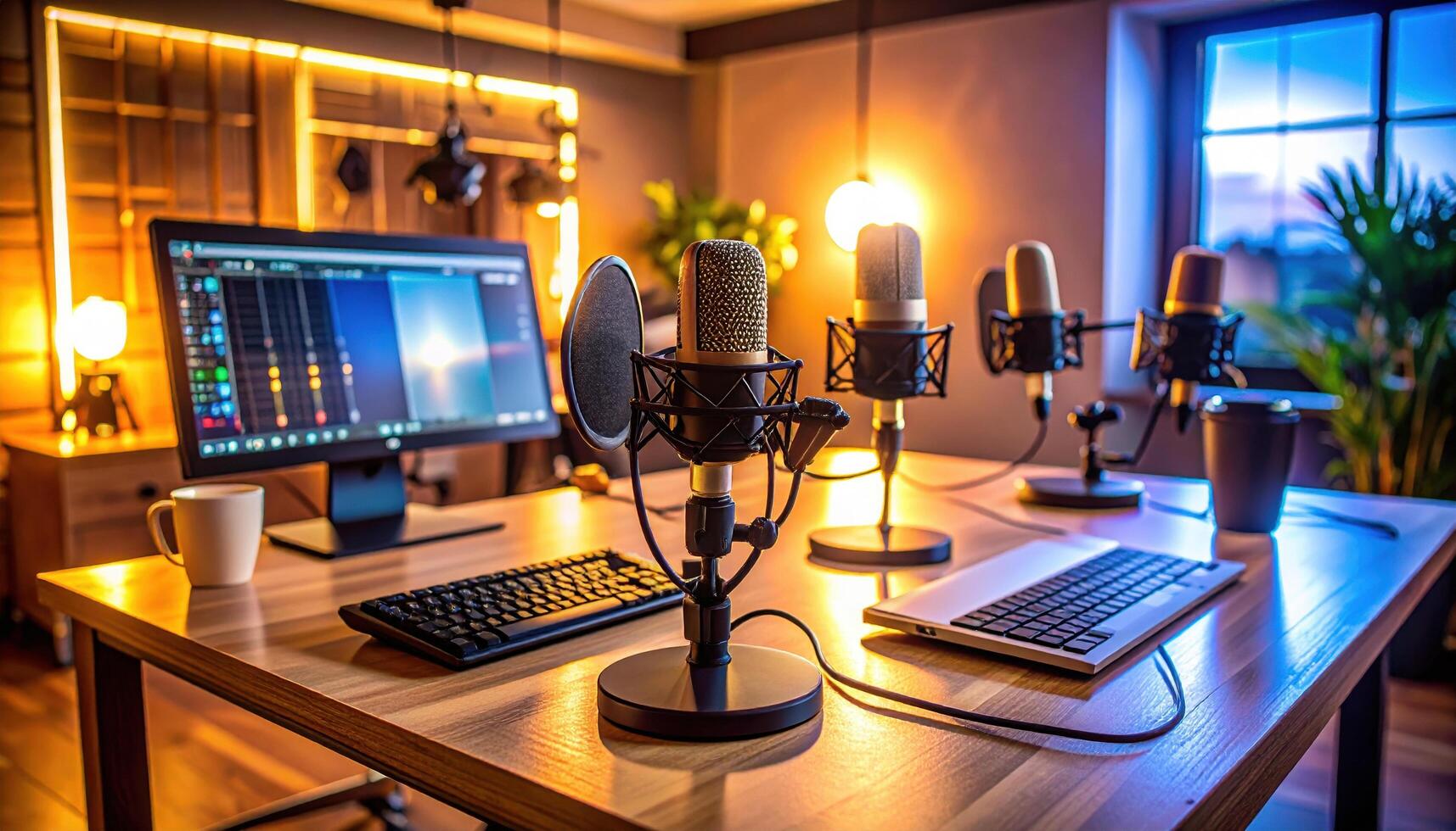 A desk with a computer, microphone and keyboard photo