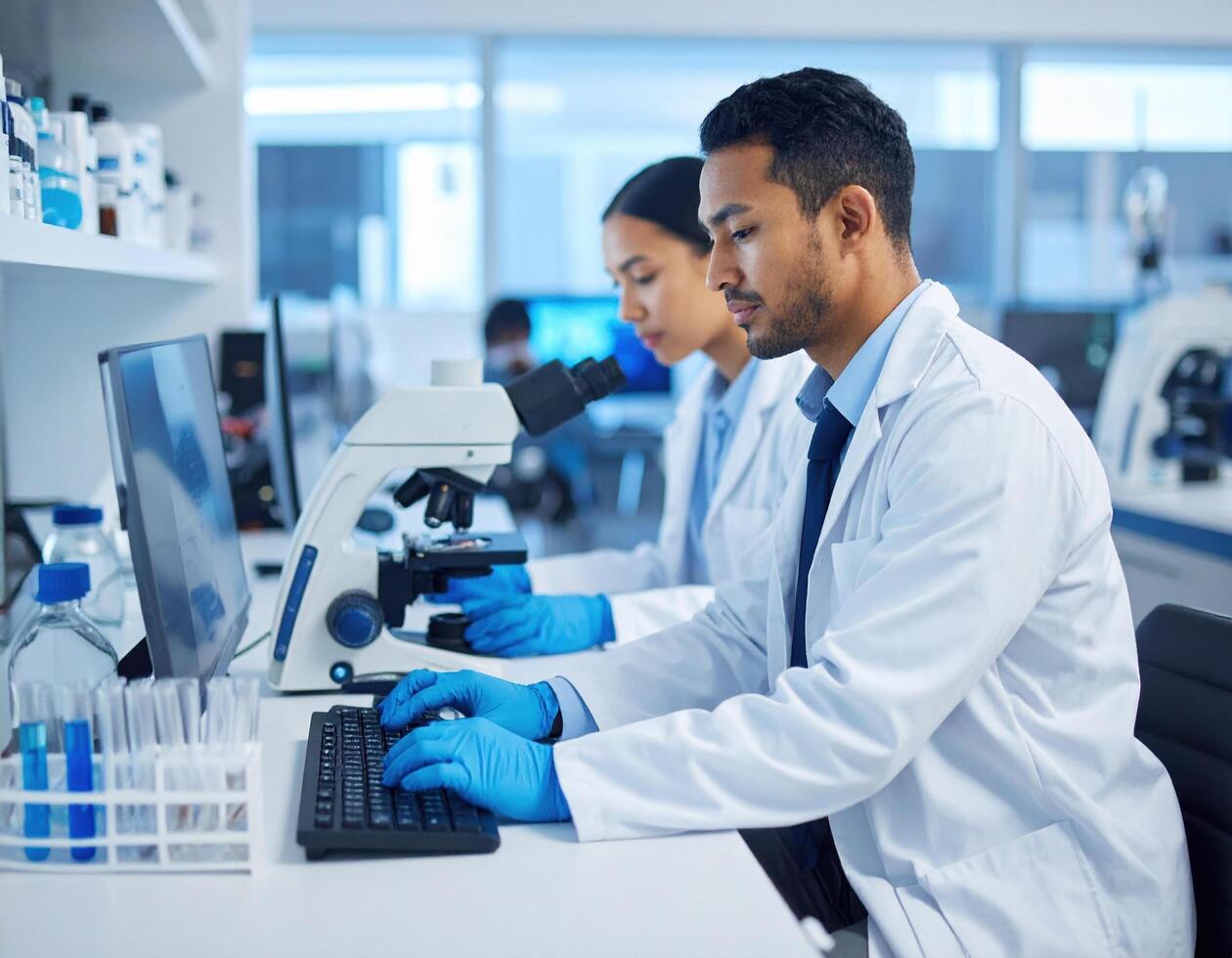 Laboratory researchers working diligently clinical setting, utilizing advanced equipment and technology for scientific analysis and experimentation. Their focus and collaboration highlight photo