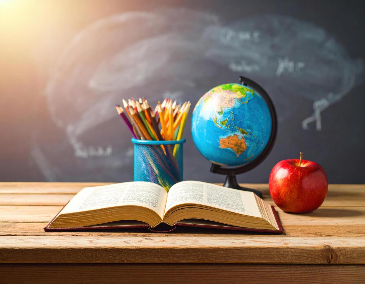 Rustic desk made of aged wood holds open book, globe, jar of colorful pencils, and red apple, all illuminated by warm sunlight, creating inviting study atmosphere photo