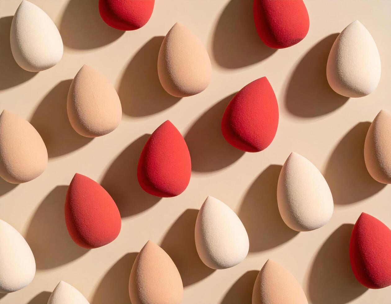 Makeup sponges in various shades arranged in geometric pattern on beige background, showcasing their unique shapes and textures. vibrant colors create visually appealing display photo