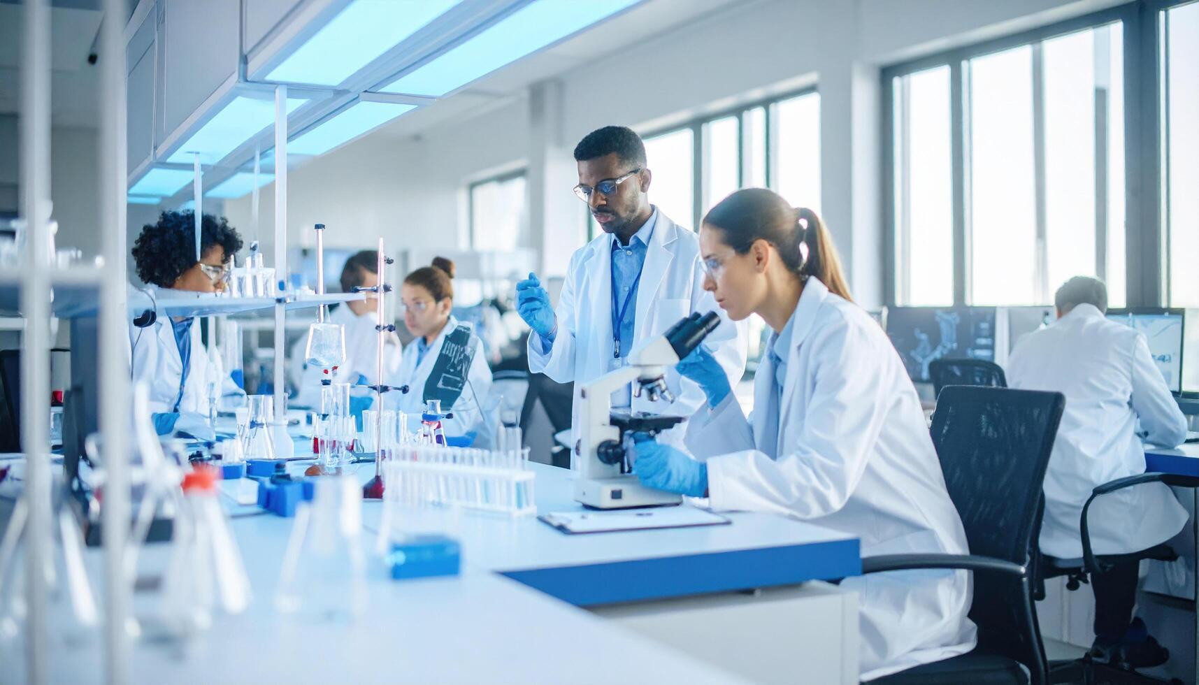 In bustling lab, researchers in white coats collaborate on scientific experiments, utilizing advanced equipment and microscopes to explore chemical formulas and biological processes photo