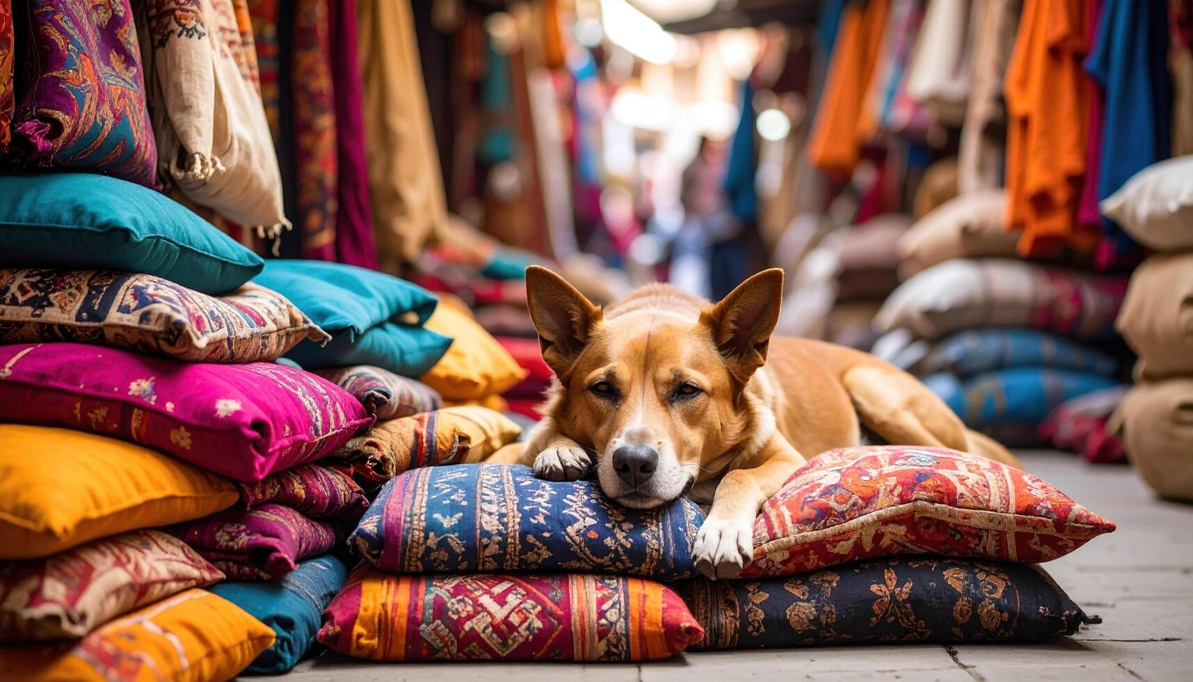 Relaxed dog resting its head on colorful patterned cushions in vibrant market setting filled with stacked pillows and textiles, creating cozy and warm atmosphere photo