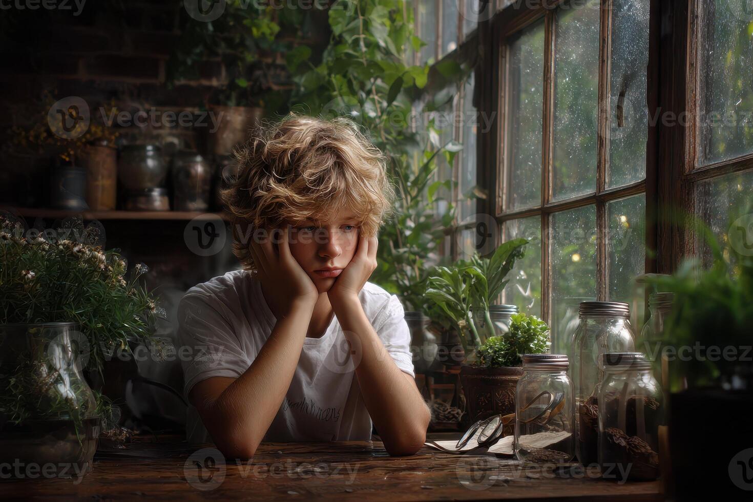 Boy ponders thoughtfully while surrounded by plants in a rustic indoor setting photo