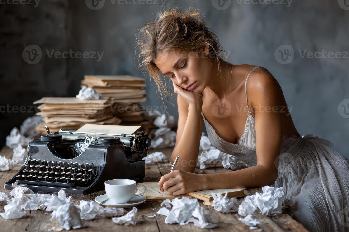 Woman writing on a notepad beside a typewriter in a rustic setting during the afternoon photo