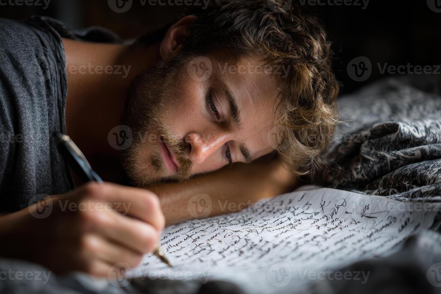 Man writing on a large sheet of paper while resting on a bed in soft light photo