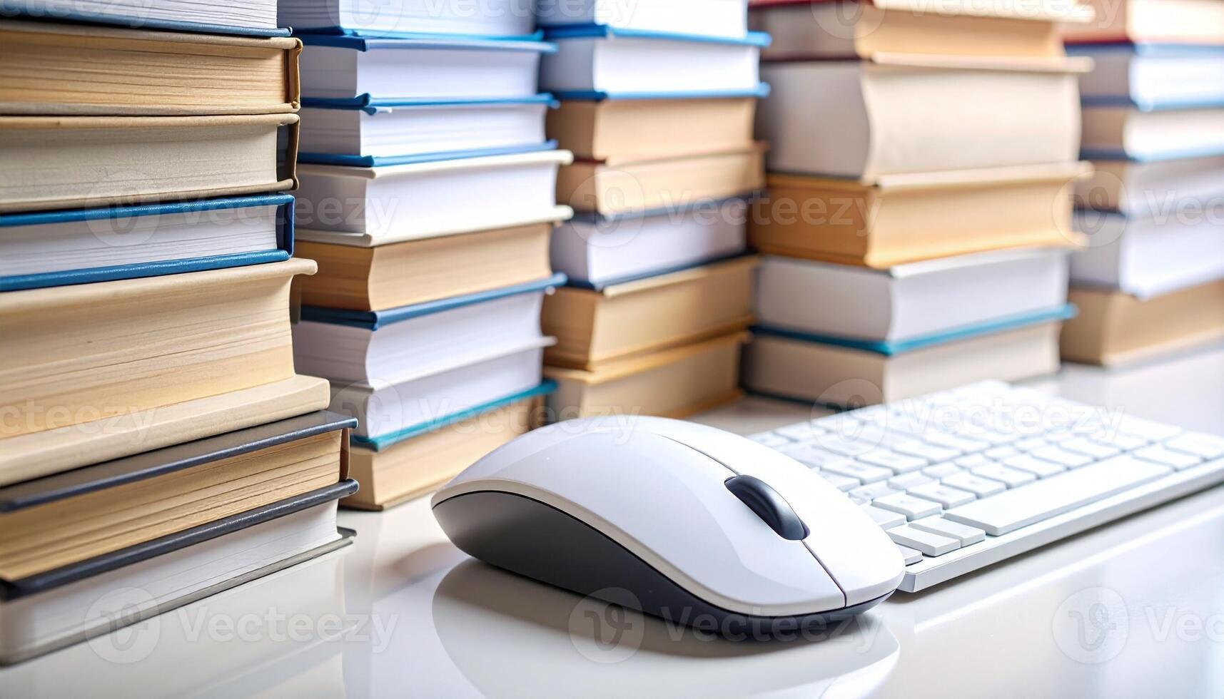 Computer mouse and keyboard in front of tall stacks of books representing e-learning and research. photo