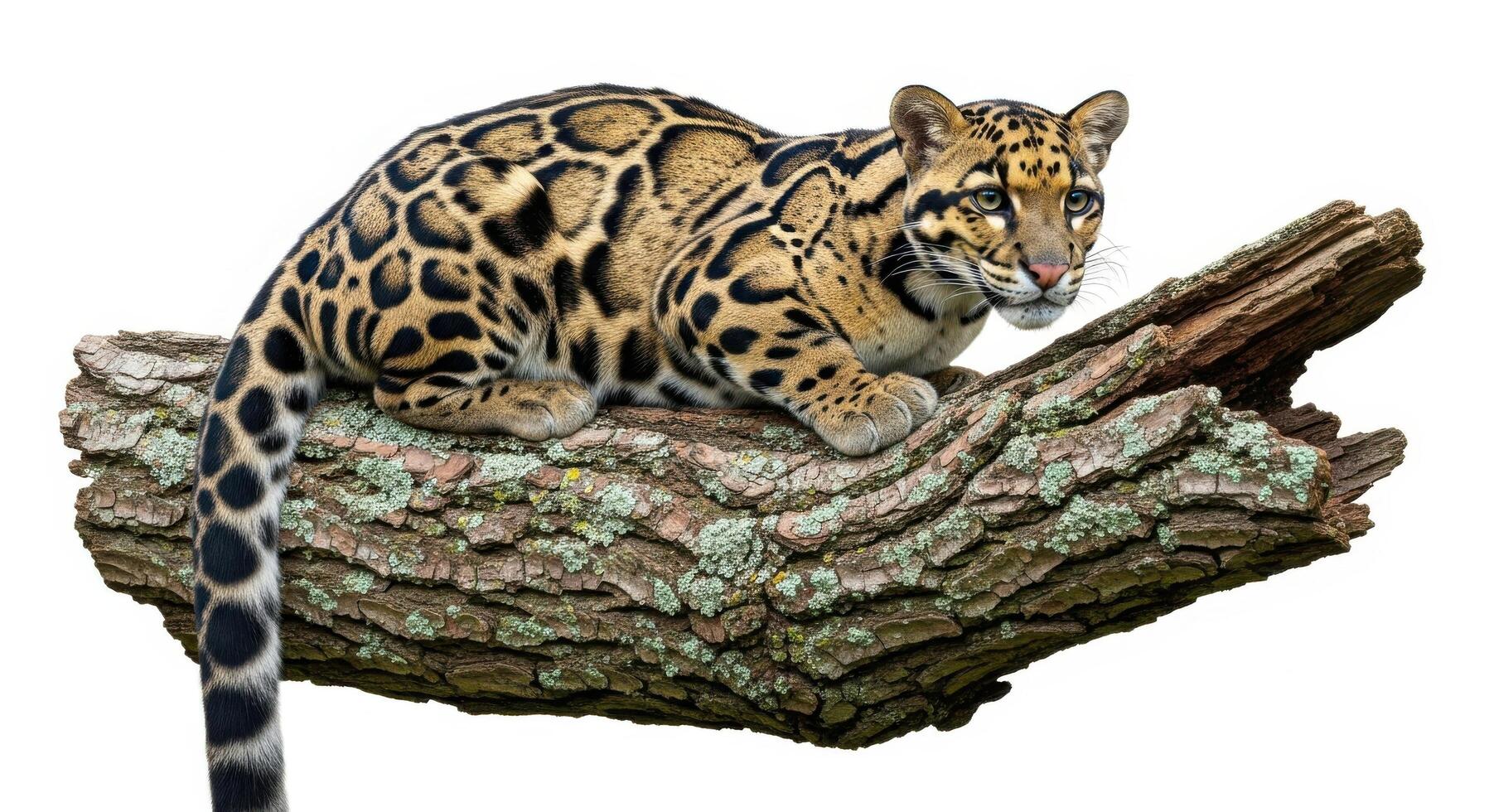 Clouded leopard resting on a branch isolated on white background, a beautiful feline predator photo