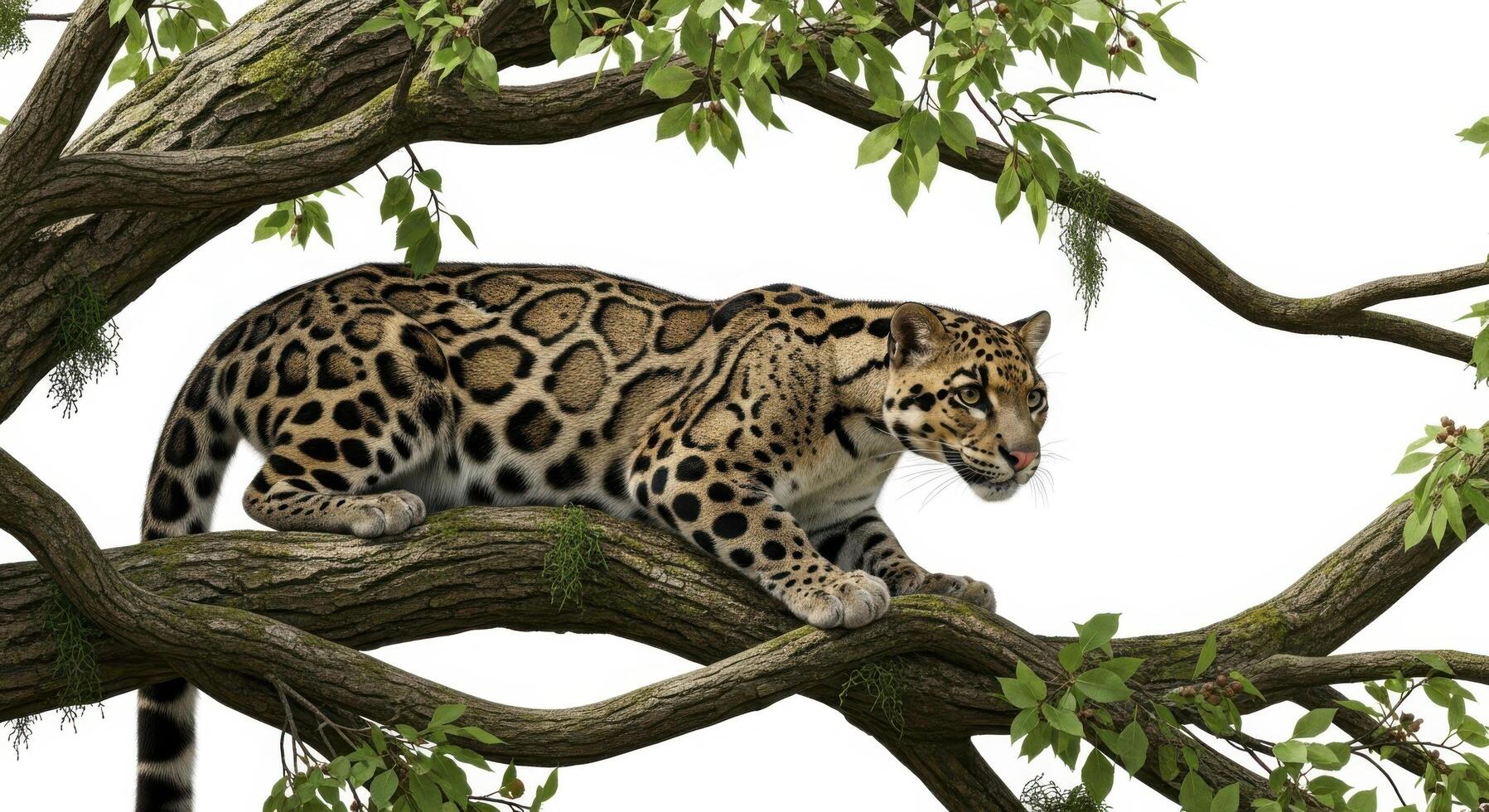 Clouded leopard perched on a tree branch in its natural habitat isolated on white background photo