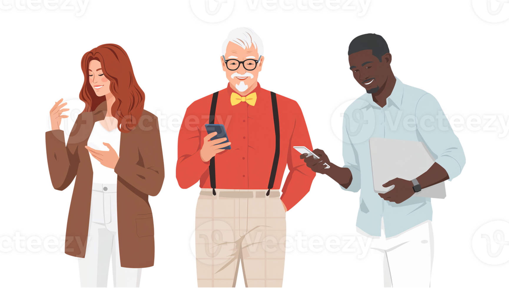 Diverse group using mobile devices displaying seamless technology connection across generations png