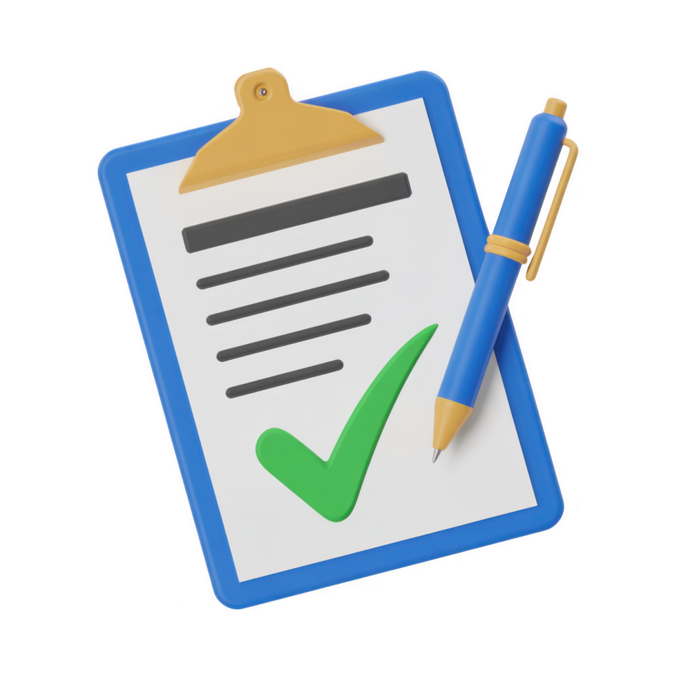 Clipboard with check mark and pen isolated on transparent background, representing task completion and document approval in a business setting png