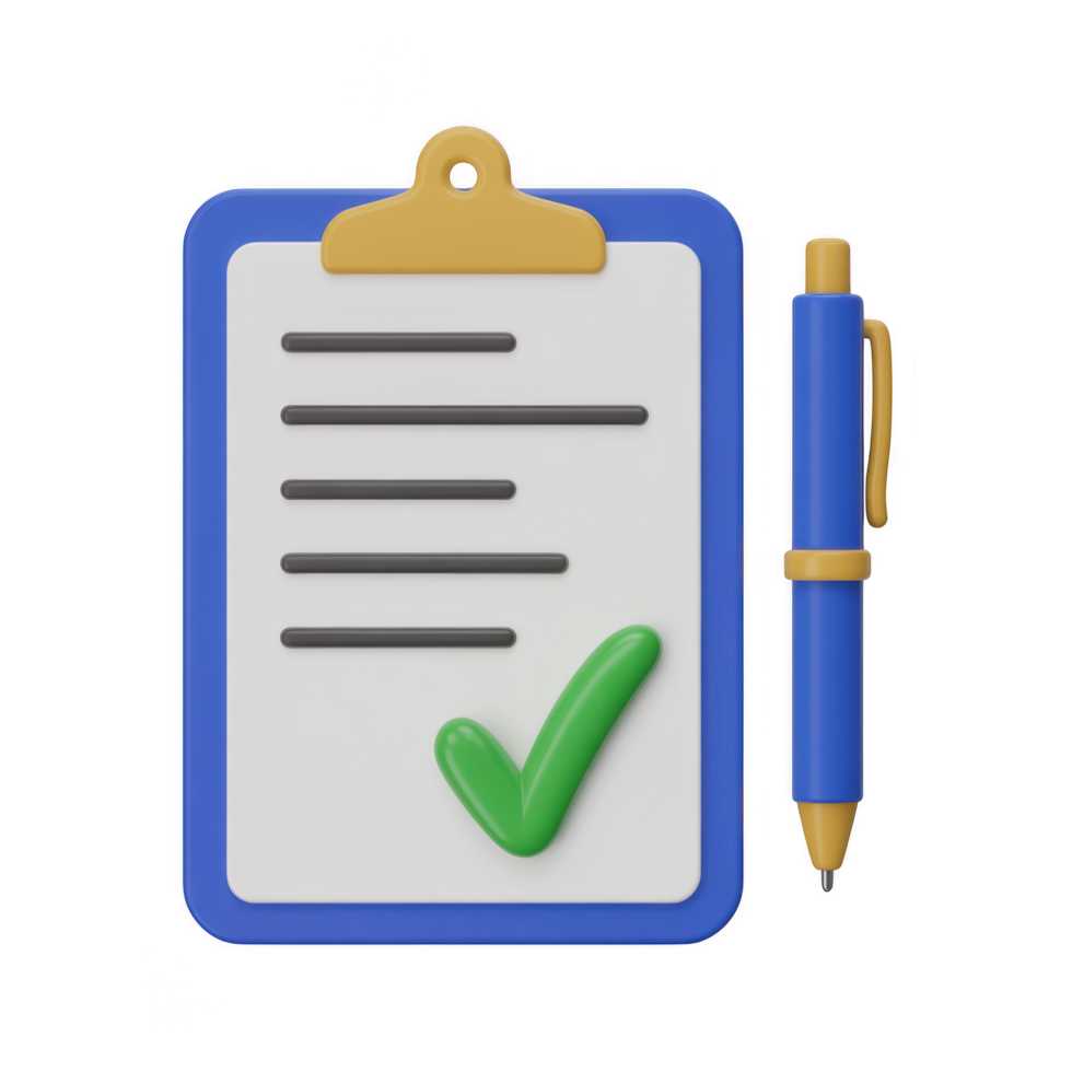 Clipboard with check mark and pen isolated on transparent background, depicting task completion and document approval in a professional setting png