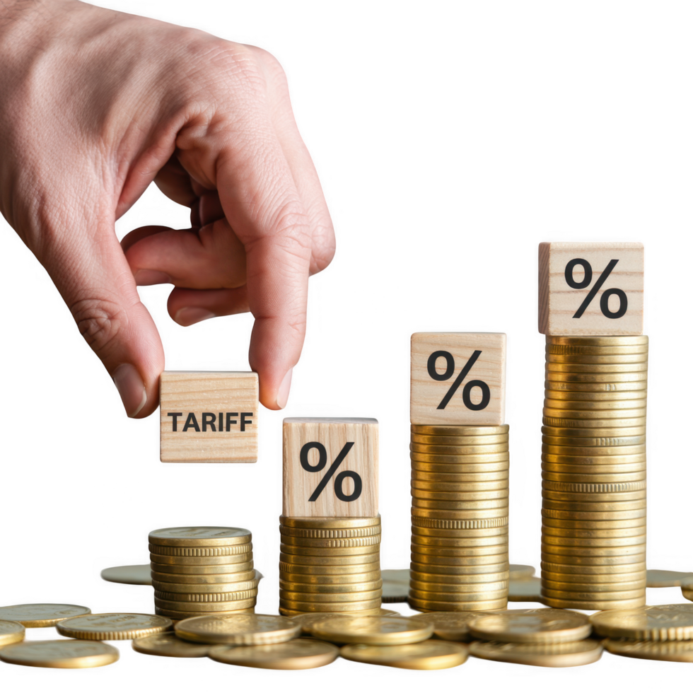 Hand placing a wooden block with tariff text on a stack of coins, representing trade and financial implications isolated on transparent background png