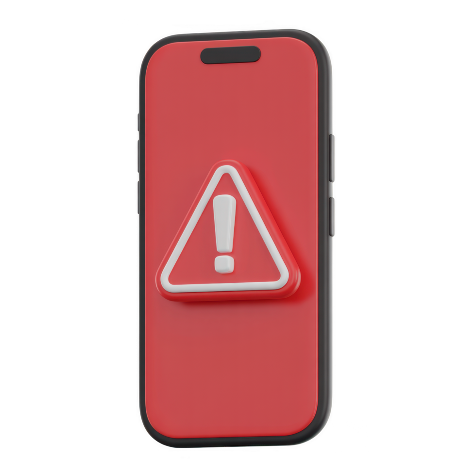 3d render of a red smartphone displaying an alert sign with exclamation mark isolated on transparent background, indicating a warning or error png