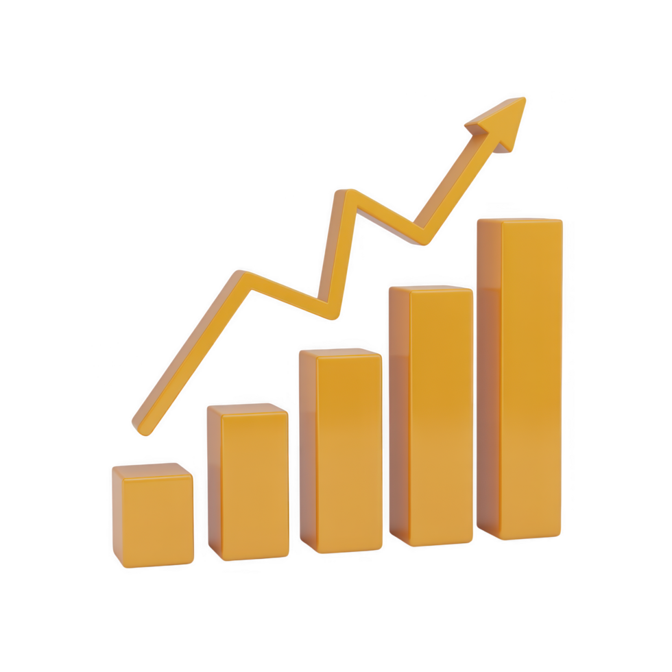 3d render of a yellow bar chart with an arrow pointing upwards isolated on transparent background, representing business growth and financial success png