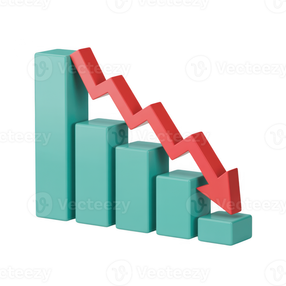 3d rendering of a bar graph with a red arrow pointing down, symbolizing a negative trend isolated on transparent background png