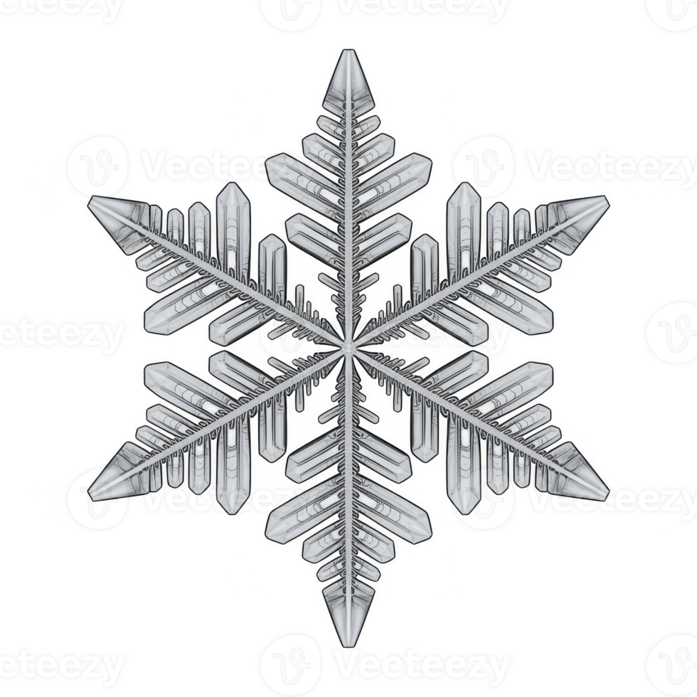 Closeup macro shot of a single snowflake crystal isolated on transparent background, showcasing its intricate and unique ice structure png