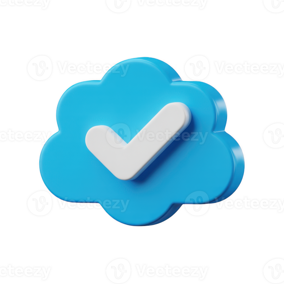 un' 3d interpretazione di un' blu nube con un' bianca dai un'occhiata marchio, simboleggiante verifica e autenticità isolato su trasparente sfondo png