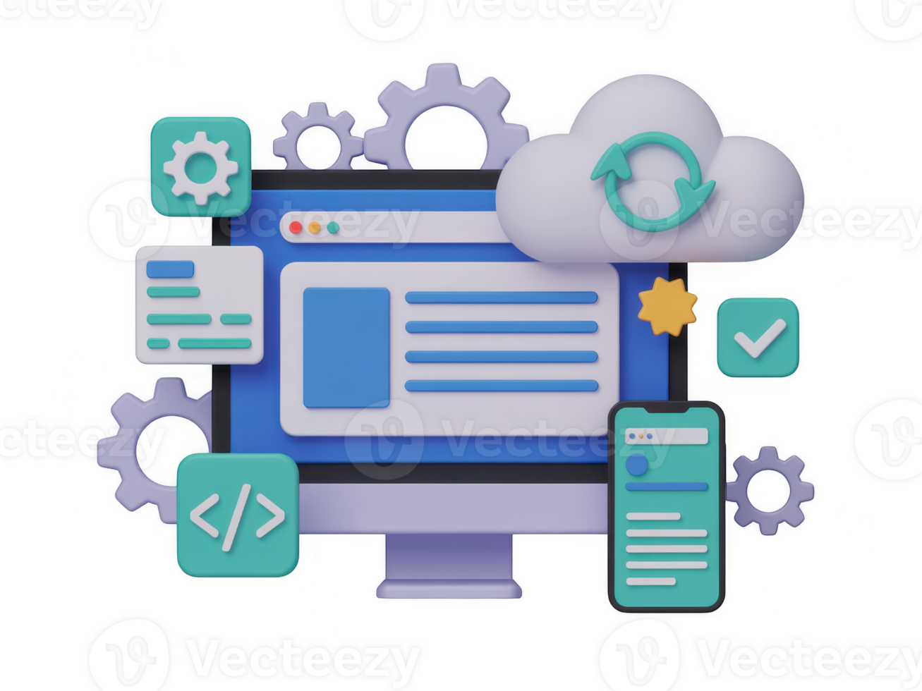 A unique 3d render of a computer with cloud, gears, code, and other icons isolated on transparent background, representing software development png