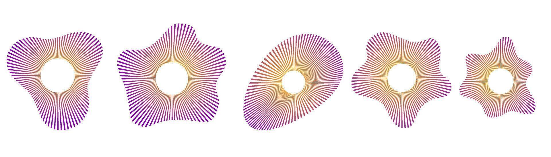 Set of concentric ripple circle icons with broken lines. Abstract soundwave radar symbols, echo vibration elements, circular audio pictograms for technology and music themes. vector