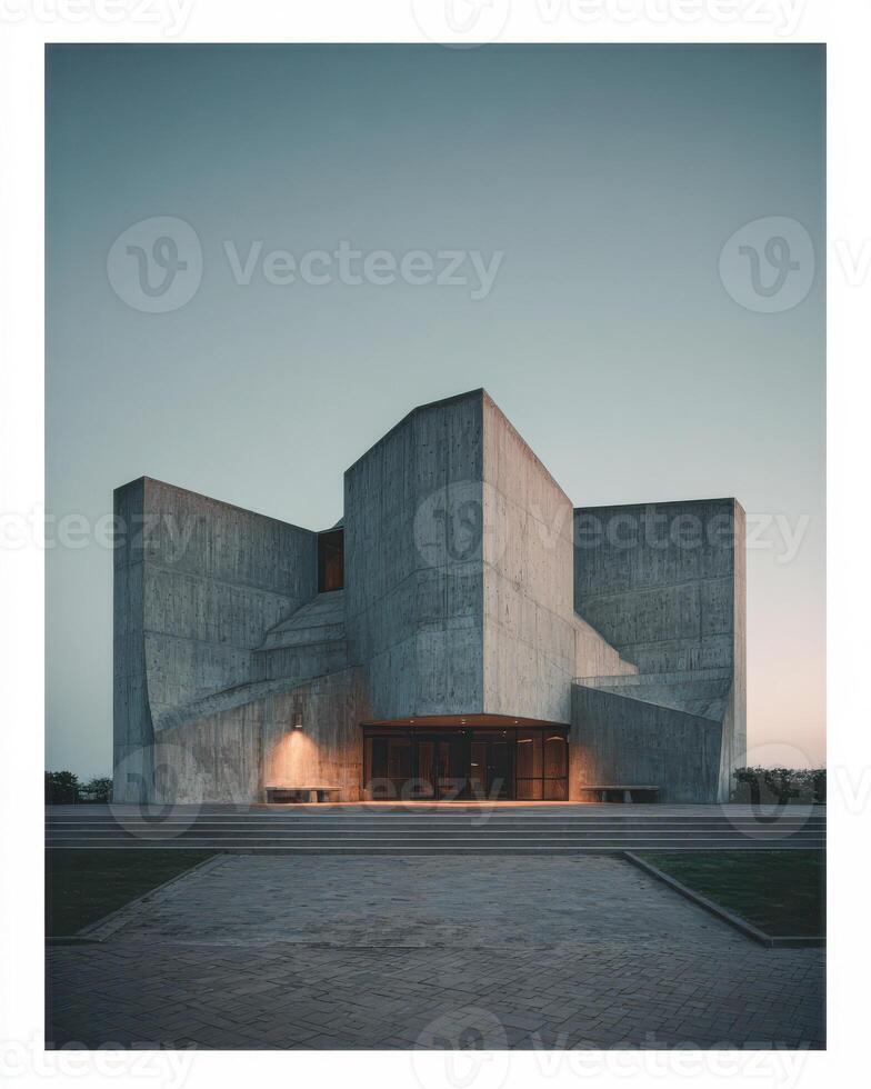 Exploration of minimal brutalist architecture at twilight in an urban setting photo