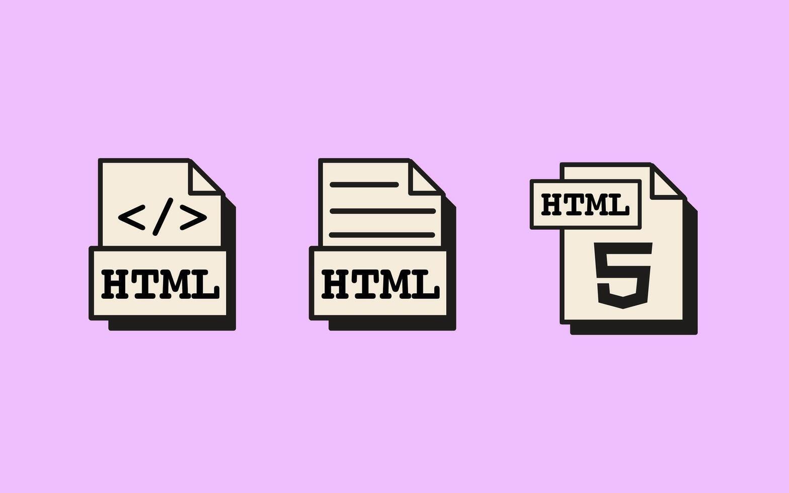Set of retro style HTML file icons with web coding formats and UI elements in minimal design aesthetic. Flat style Illustration isolated on background. vector