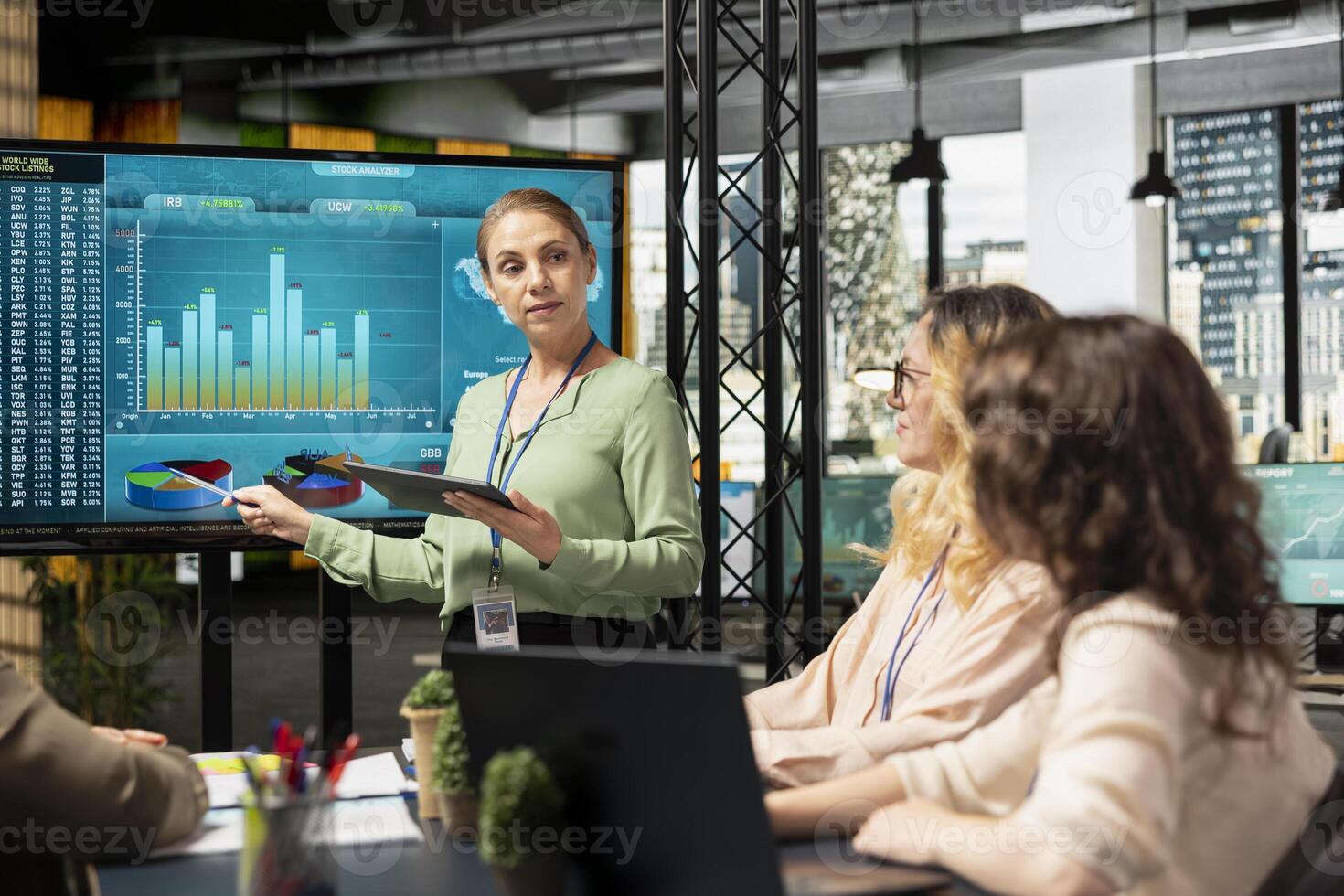 Team of office workers using performance data analysis to build a strategy in a competitive business industry, women empowerment for accelerate project goals through efficient planning. photo