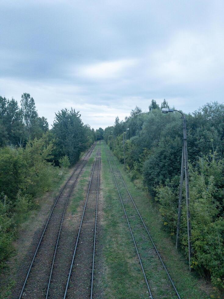 Multiple railway tracks running through a green forest corridor under an overcast sky, elevated view with vanishing point. photo