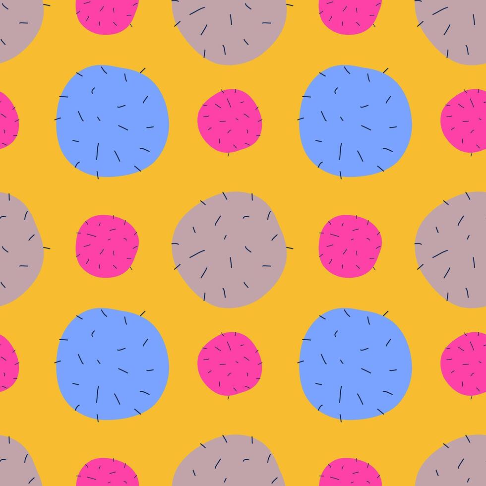 Seamless abstract polka dot pattern with colorful textured circles on yellow background for fabric, wallpaper, and wrapping paper vector