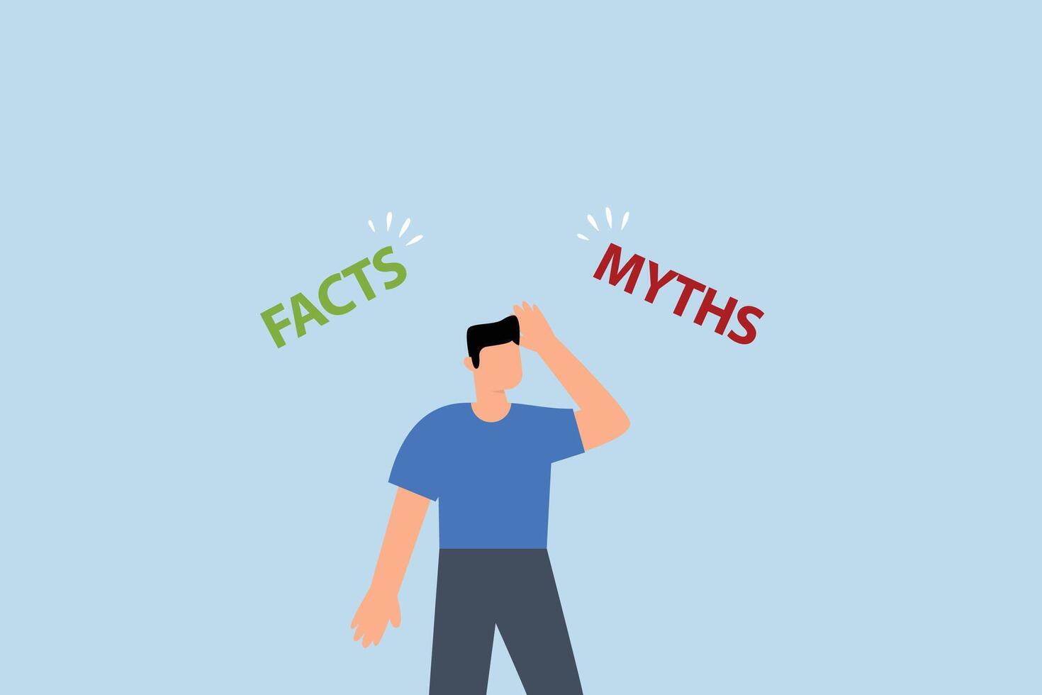 Myths vs Facts, Perplexed and uncertain businessman pondering with intrigue contrasts between truths or fables vector