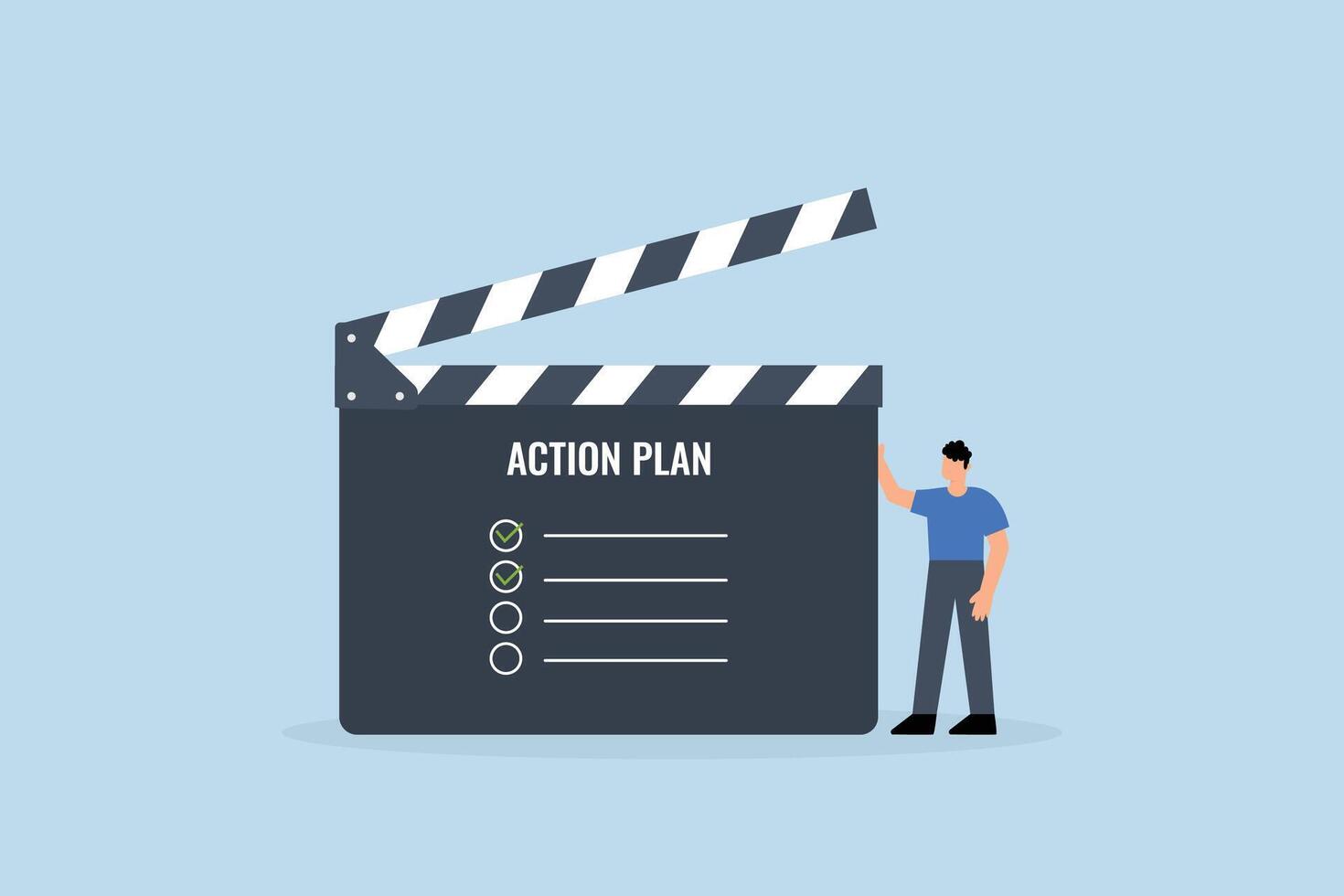 Action plan with checklist step by step of business implementation, Businessman managing a slate with steps listed for an action plan vector
