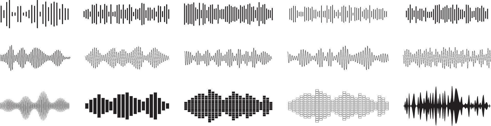 15 Unique Audio Waveform Styles for Sound Design and Signal Visualization vector