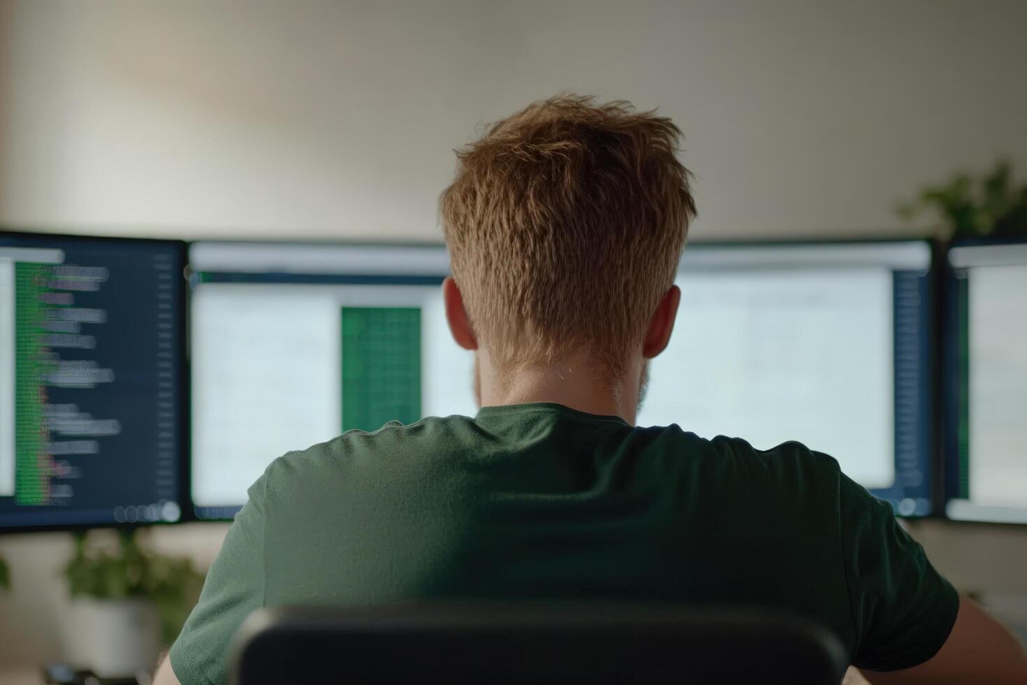 Programmer work on multiple computer screens focus on software development photo