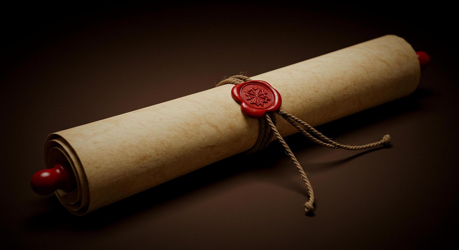 Ancient Scroll with Red Wax Seal and String. photo