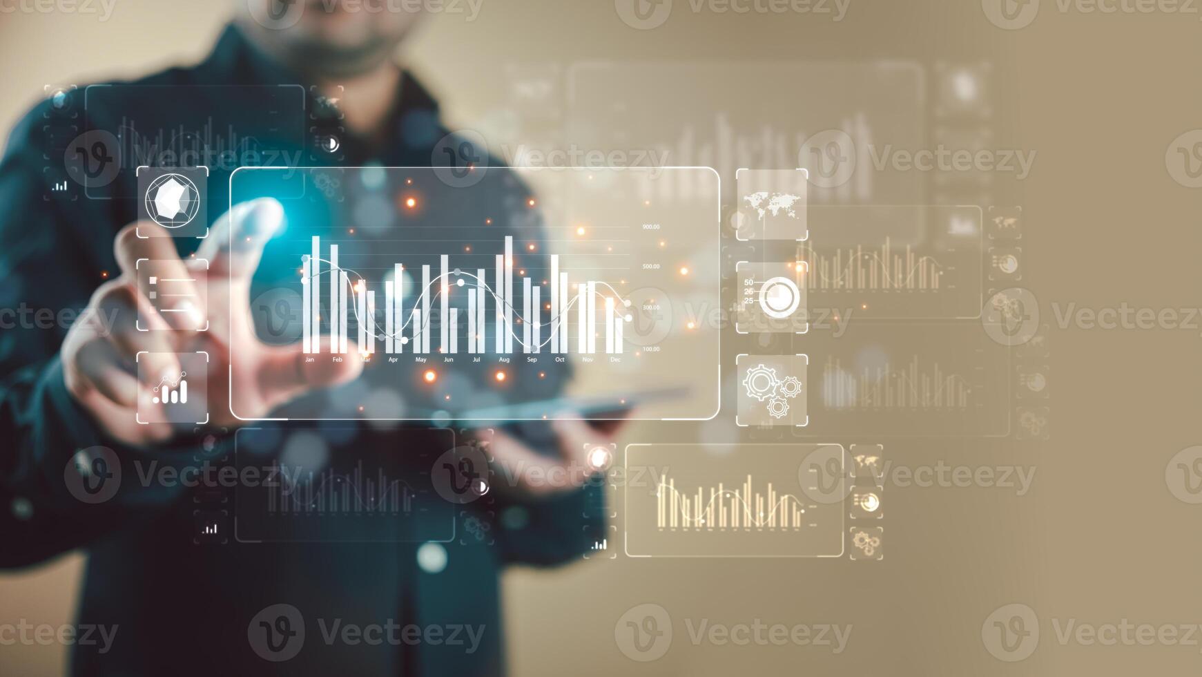 Businessman working with data management system to make report with KPI and metrics connected to database. photo