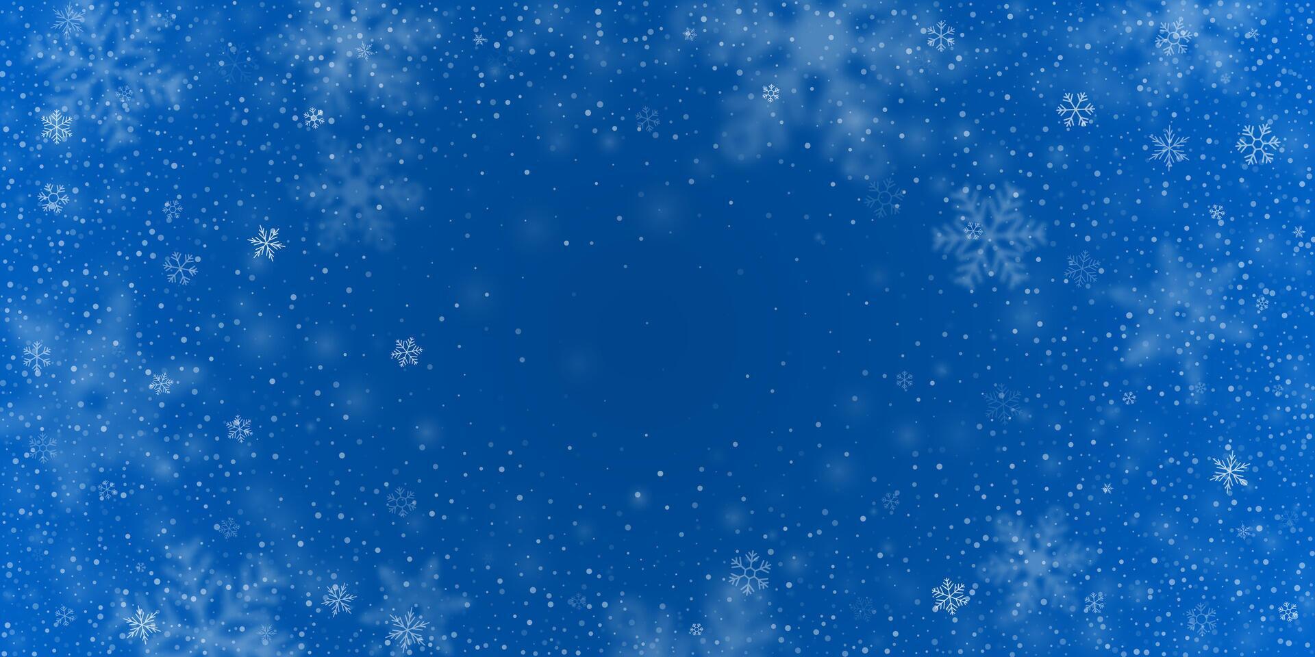 Magic background of falling snow flakes and snowflakes with ice particles and dust. Snowfall hurricane on light turquoise background. vector