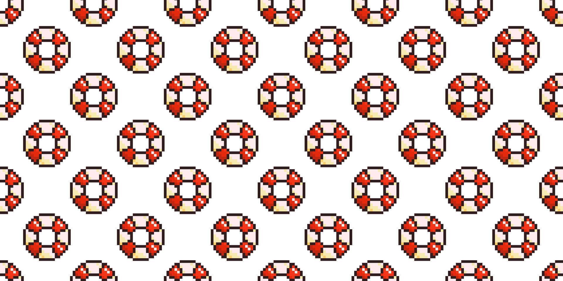 Seamless pixel pattern of retro lifesavers in a repeating layout. Ideal for summer, ocean, nautical, or beach-themed designs, textiles, and backgrounds. Classic 8-bit pixel look for nostalgic feel. vector