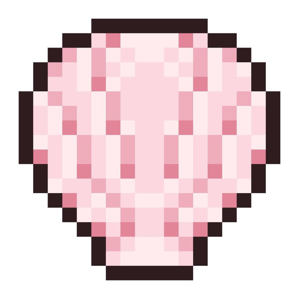 Pixel illustration of a pink seashell in retro 8-bit style. Ideal for summer, beach, and ocean-themed projects, evoking nostalgia, marine life, and seaside vibes perfect for games or creative content. vector