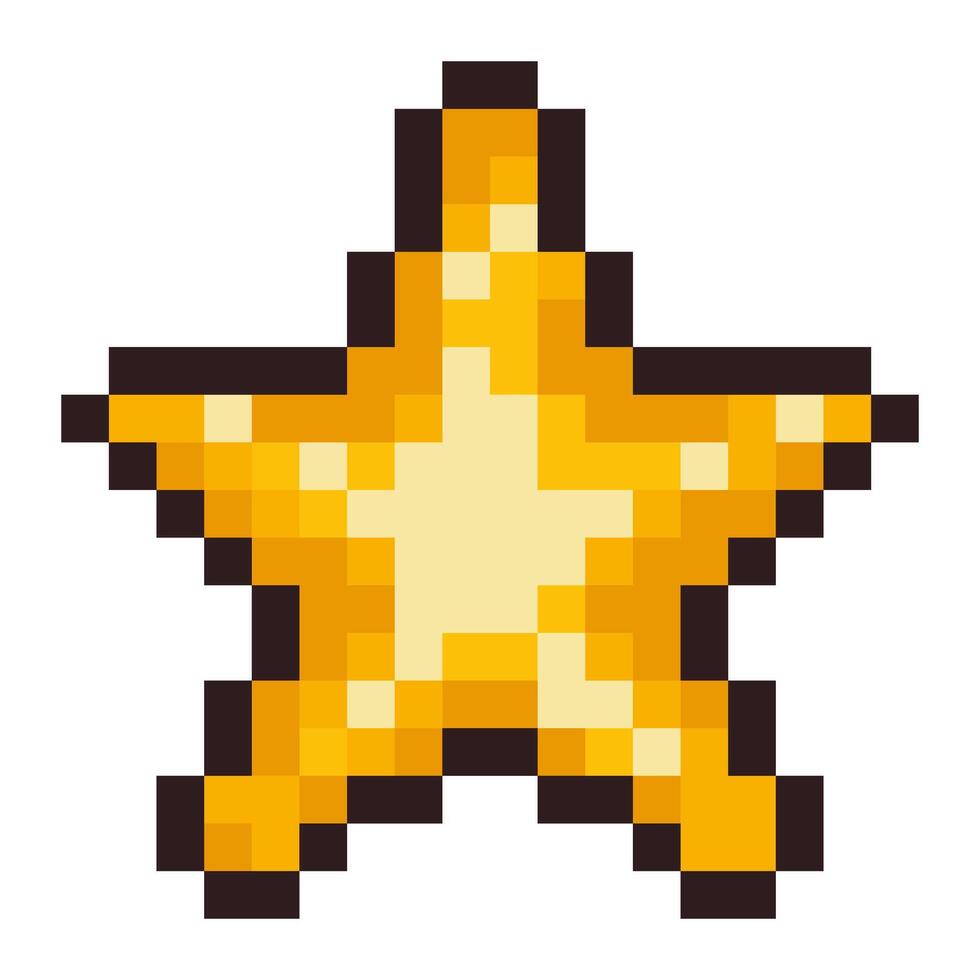 Pixel illustration of a bright orange starfish in 8-bit style. Perfect for summer, beach, and ocean themes. Ideal for retro games, pixel collections, or marine-related nostalgic content. vector