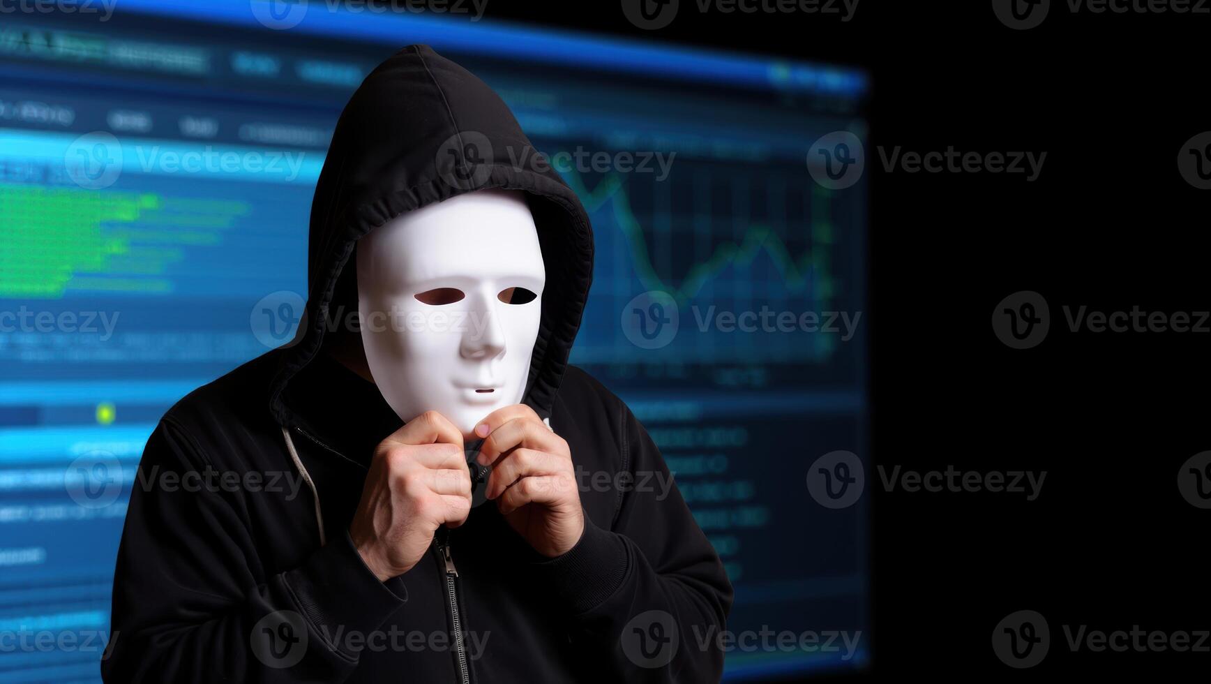 Anonymous hacker wearing a white mask and hoodie in front of computer screens photo