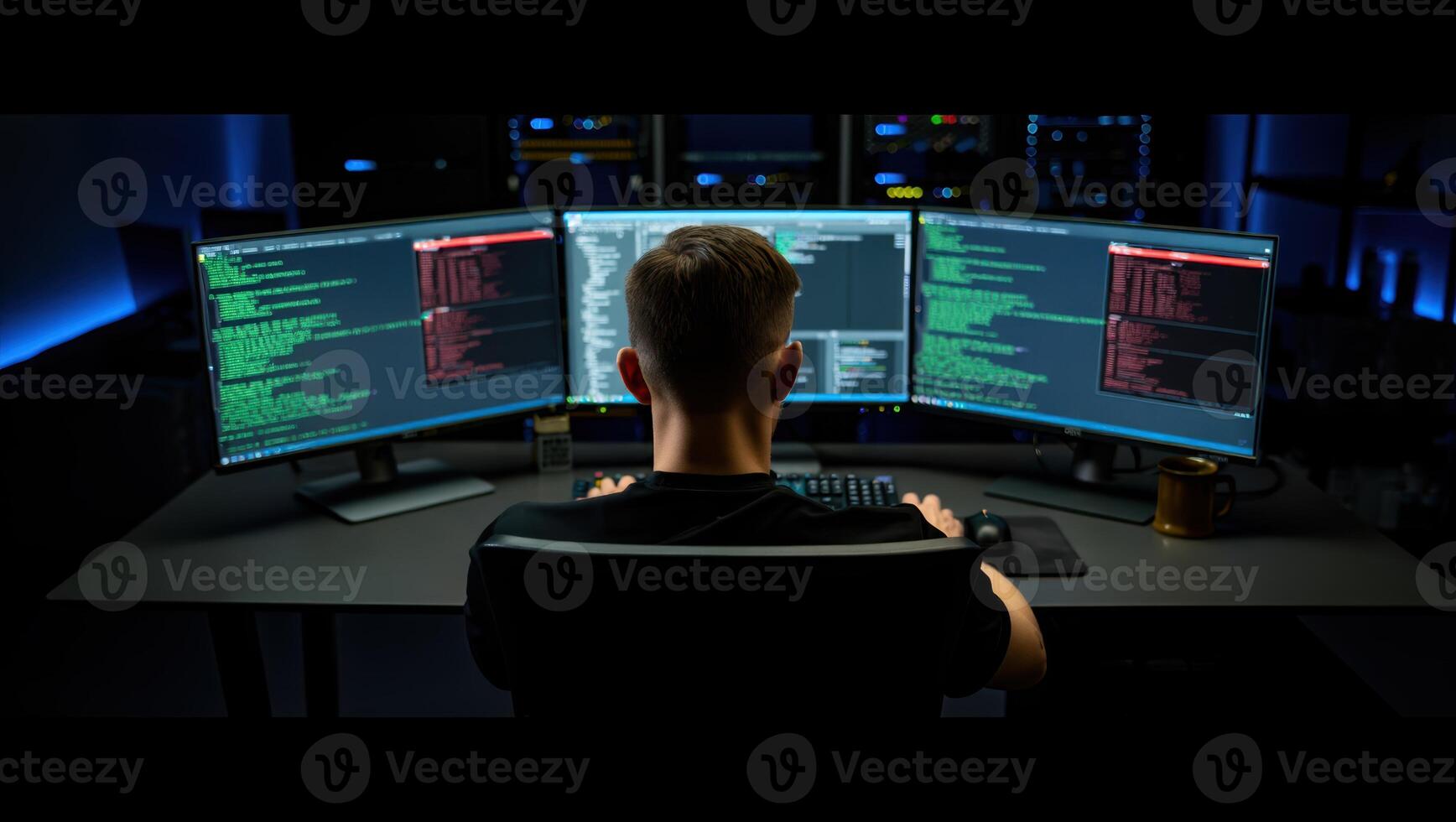 Programmer working late at night on multiple computer screens displaying code photo
