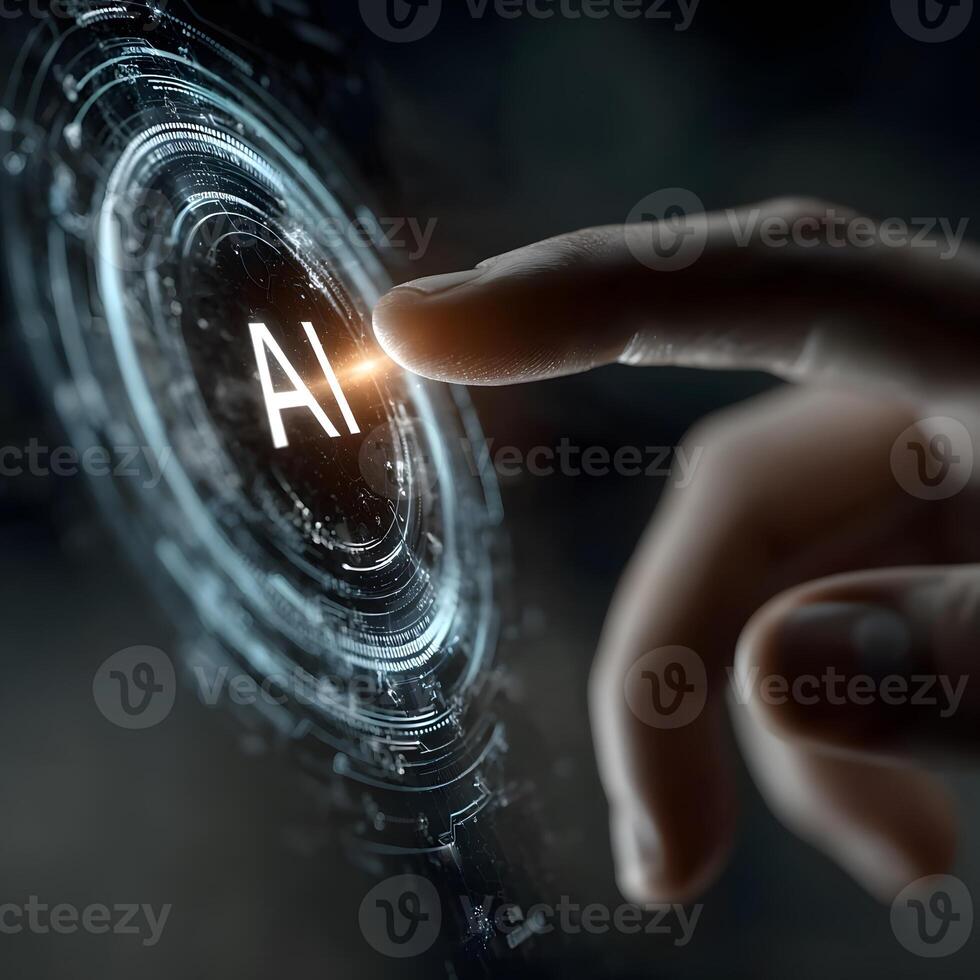 A finger activates a glowing artificial intelligence icon on a dark digital interface, showing the future of innovative smart technology. photo