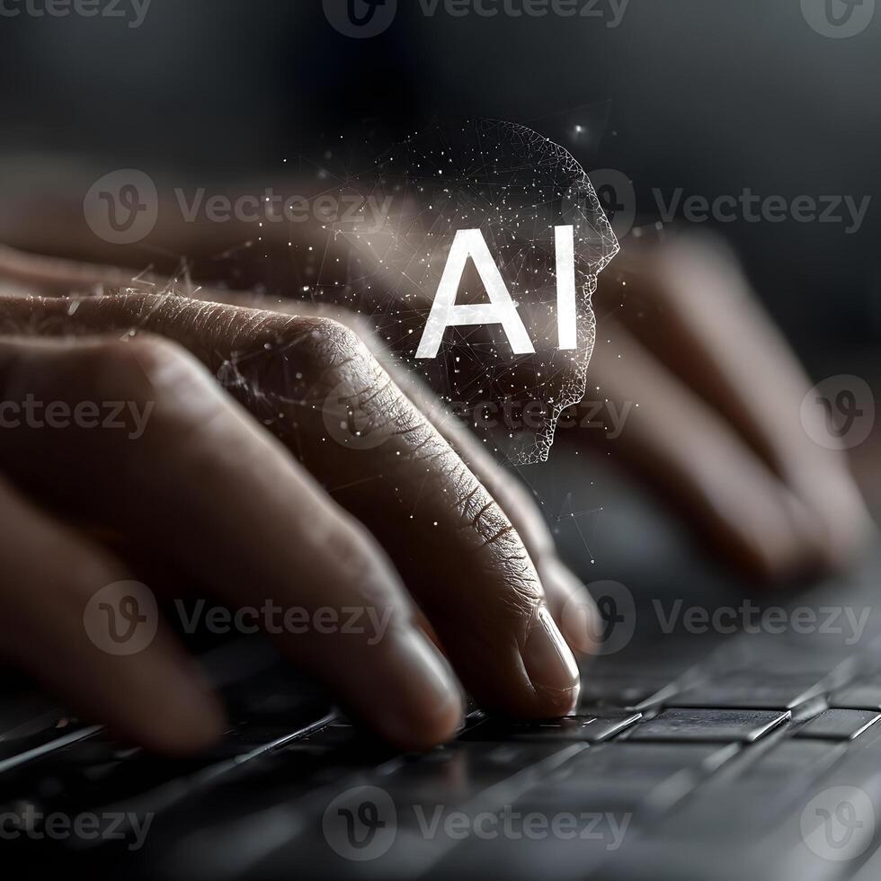 A glowing artificial intelligence brain image appears prominently above a keyboard, symbolizing complex data processing, innovation, and future technological development. photo