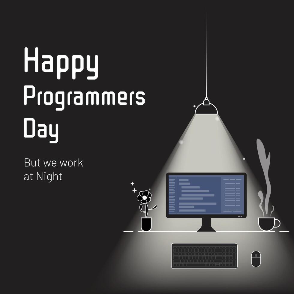 Night Coding Workspace with Computer Screen, Coffee and Keyboard for Happy Programmers Day Celebration. vector